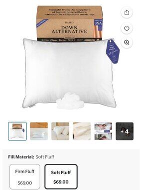 FluffCo White Down Alternative Pillow, 300 Thread Count, 100% Cotton Cover